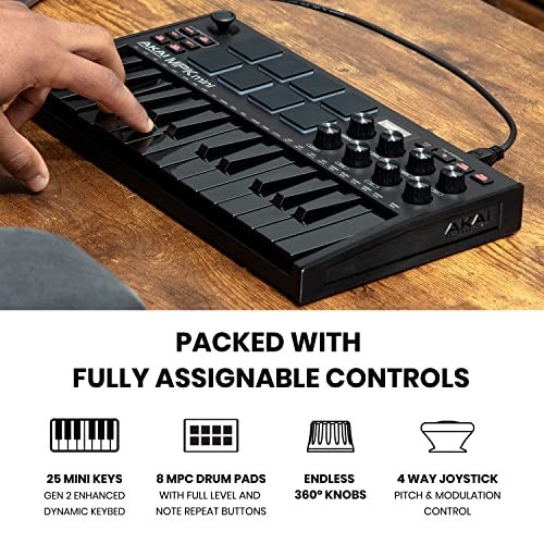 25-Key USB MIDI Keyboard Controller with 8 Backlit Drum Pads & Knobs, Music Soft