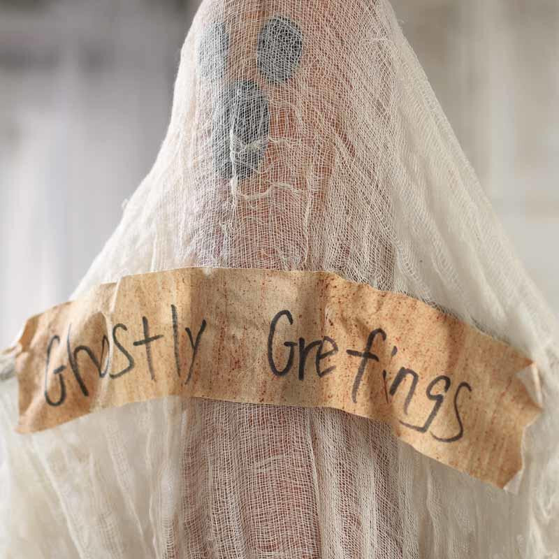 14" Tall Primitive "Ghostly Greetings" Halloween Decorative Ghost