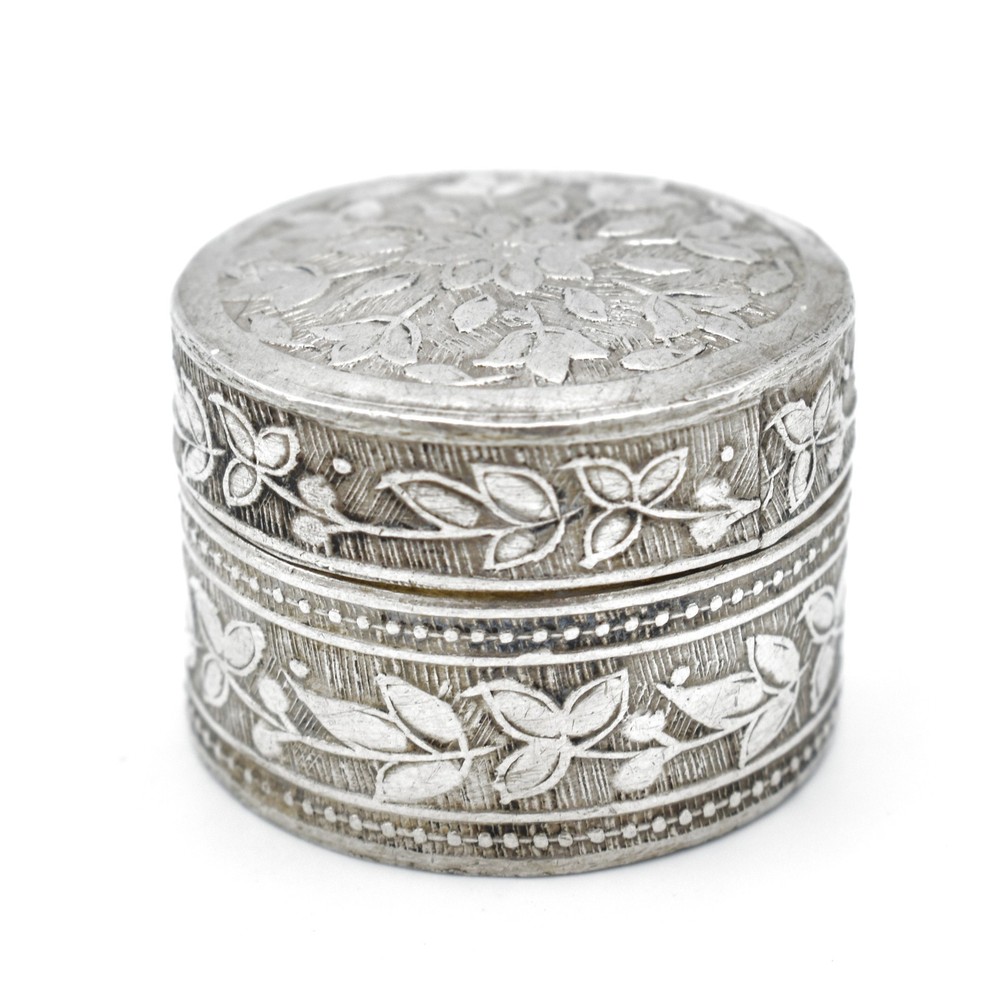 Antique Solid Silver Pill Box Snuff Box Chased Foliate Box Continental