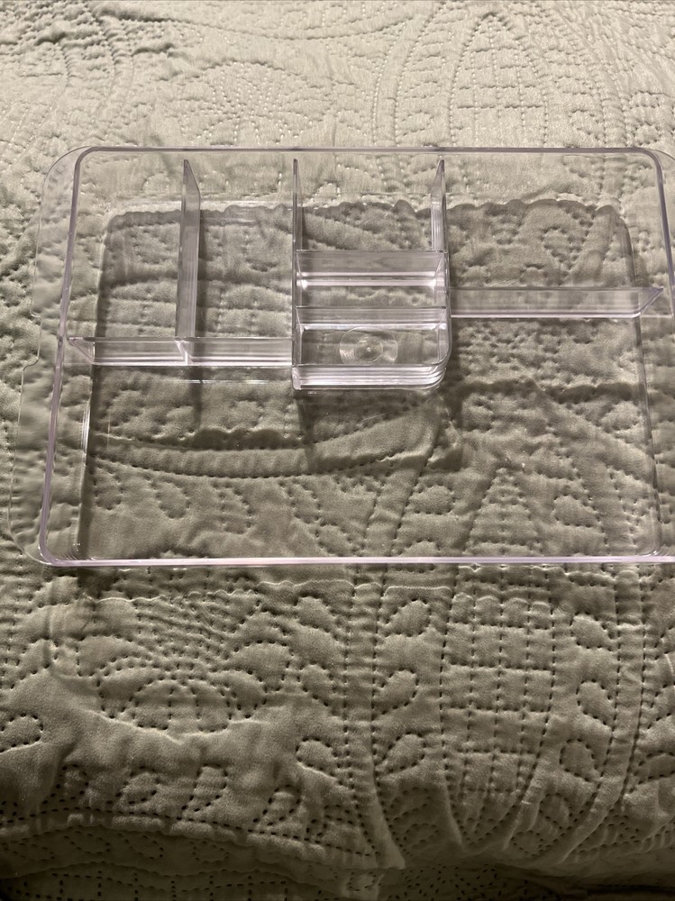 Fabric covered sewing basket with clear plastic tray and handle