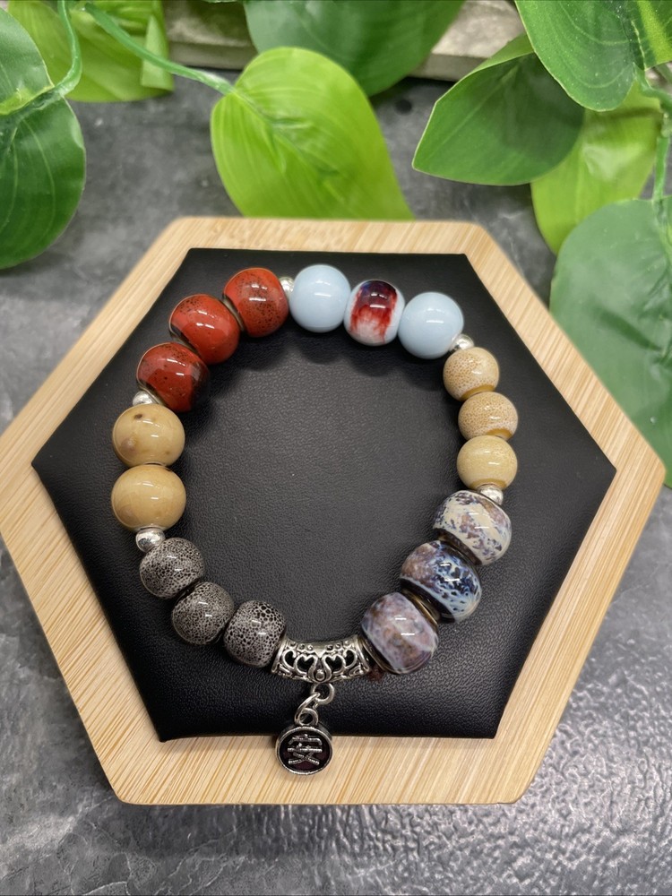 Handmade Ceramic Bead Beaded Stackable 6.25” Plus Stretch Bracelet New B207