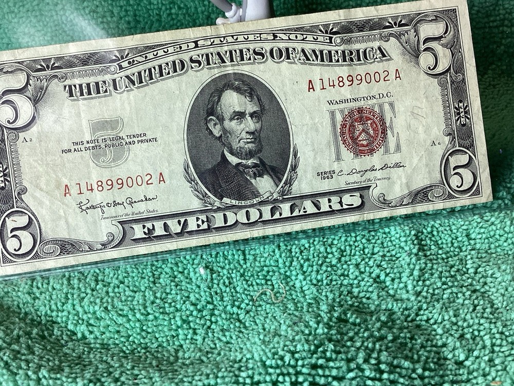 1963 $5 UNITED STATES 🇺🇸 NOTE 🎵 RED SEAL 🦭 BETTER GRADE