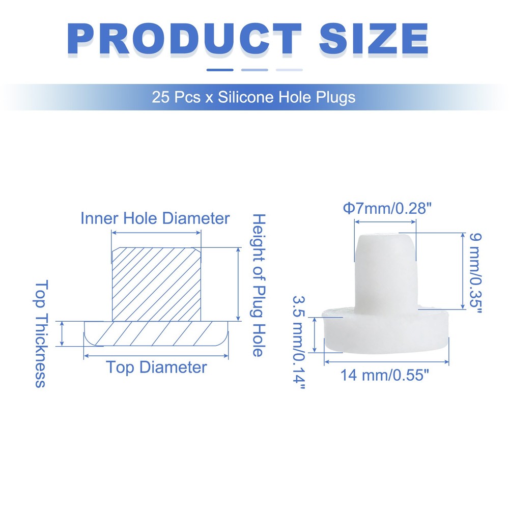 25 Pcs t Shaped Solid Silicone Stopper, Dia 7 Mm/0.28" Rubber Plugs, White