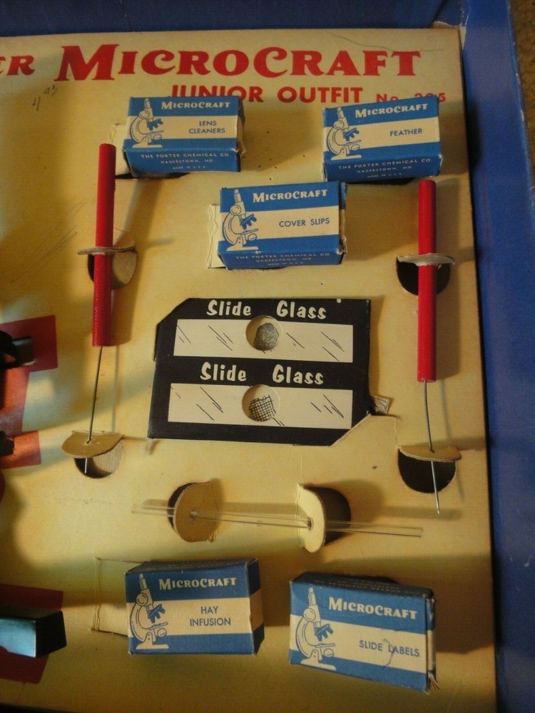 Vintage Porter Chemical, Microcraft, 3 objective microscope set 205, complete!