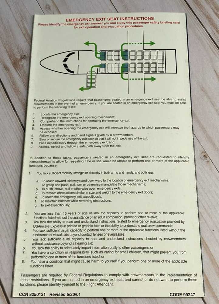 US Airways Express Dash 8 Safety Card - 5/20/01