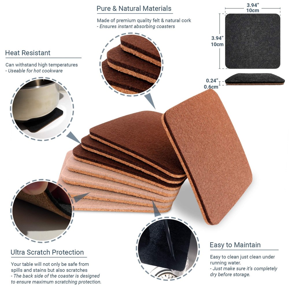 Coasters for Drinks Absorbent- 8 Pcs Square Coasters for Coffee Table - Double