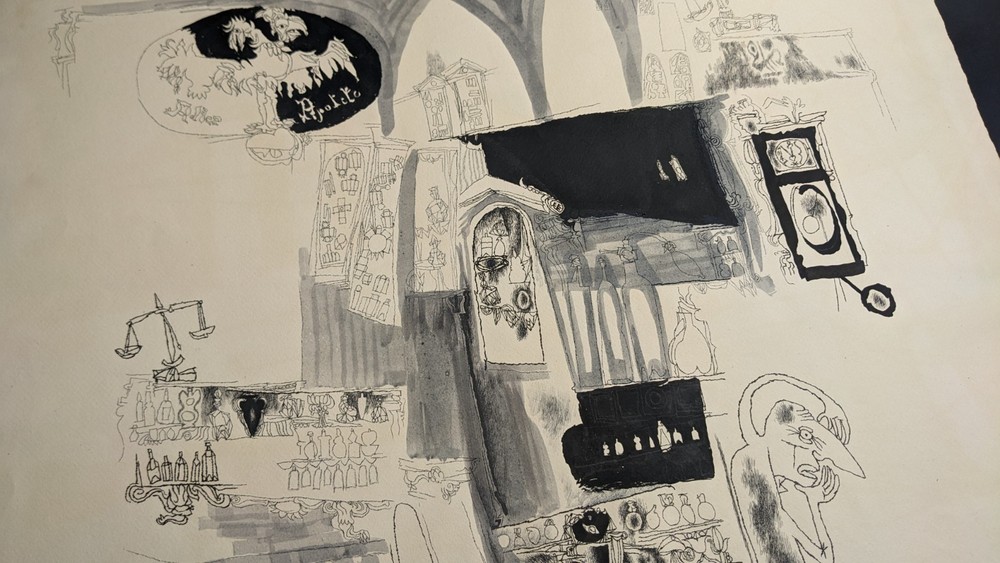 Fritz Kreidt, abstract room composition, drawing, unsigned