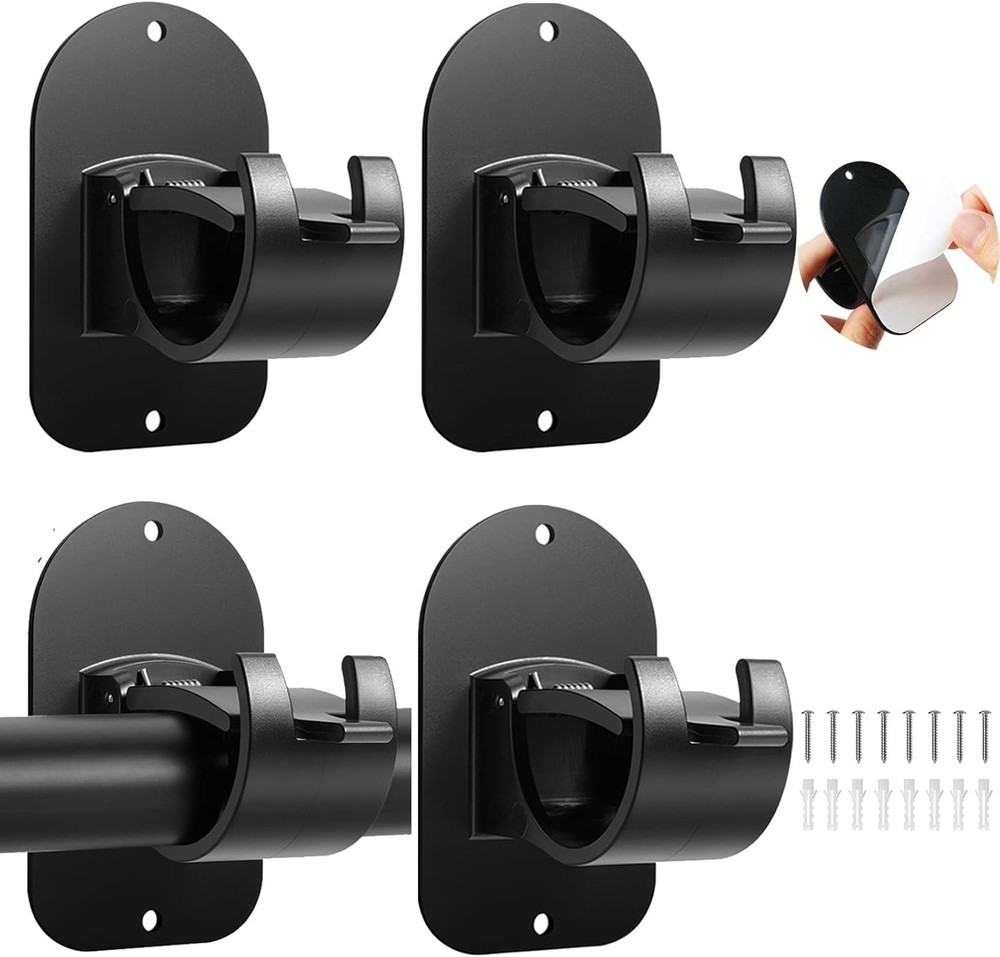 No Drill Curtain Rod Holder Hangers - Self Adhesive 4PCS Black