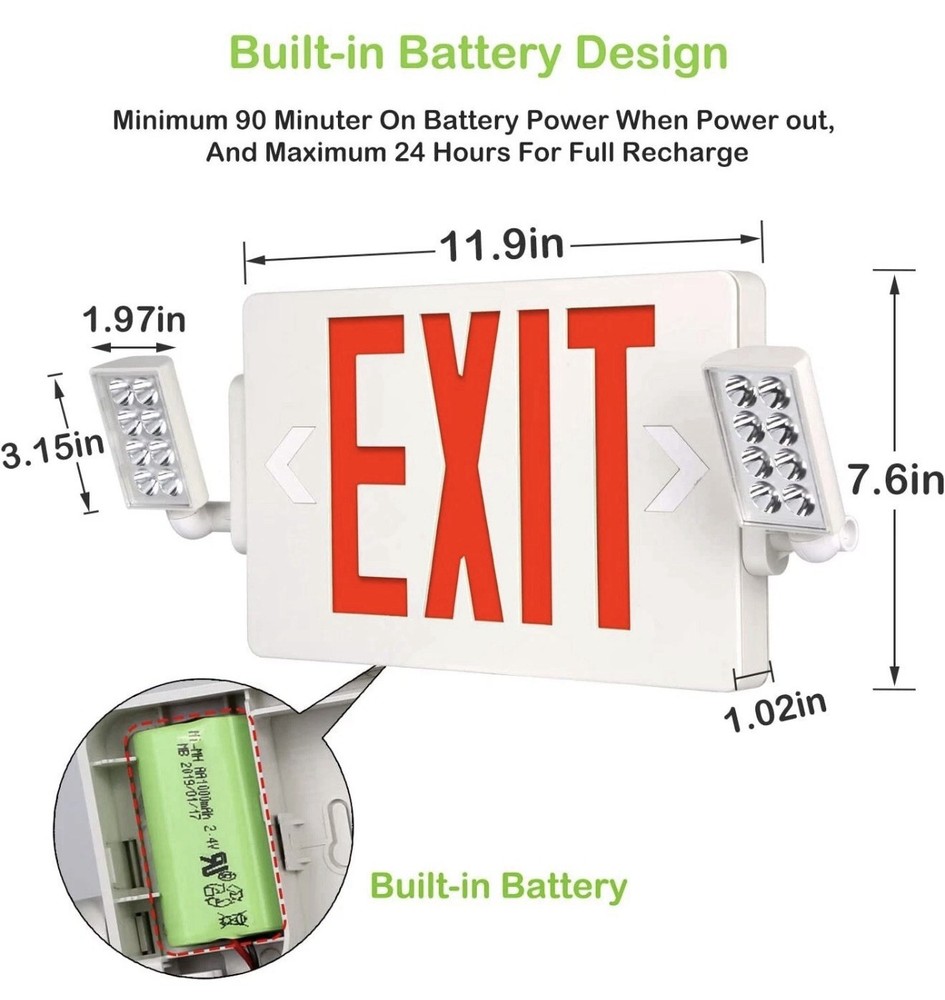 4 Pack LED Exit Sign Emergency Combo Light with Adjustable Two Head Battery