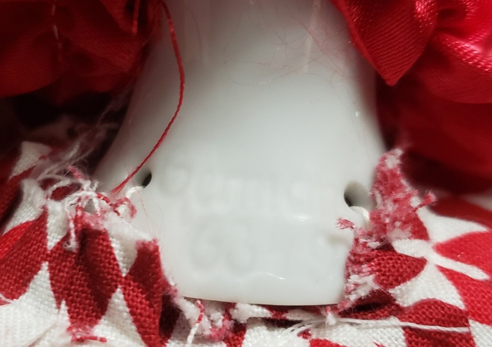 German Porcelain Half Doll Red & White Diamond Patterned Dress
