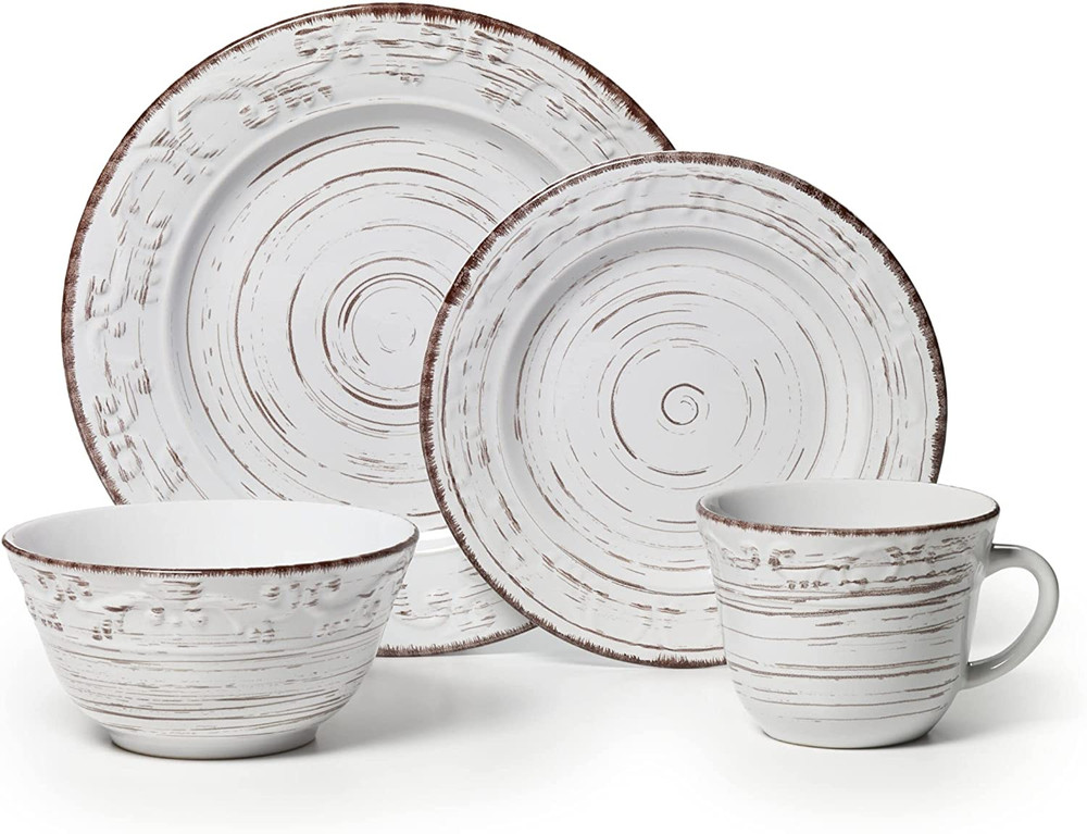 Trellis White 16-Piece Stoneware Dinnerware Set, Service for 4, Distressed White
