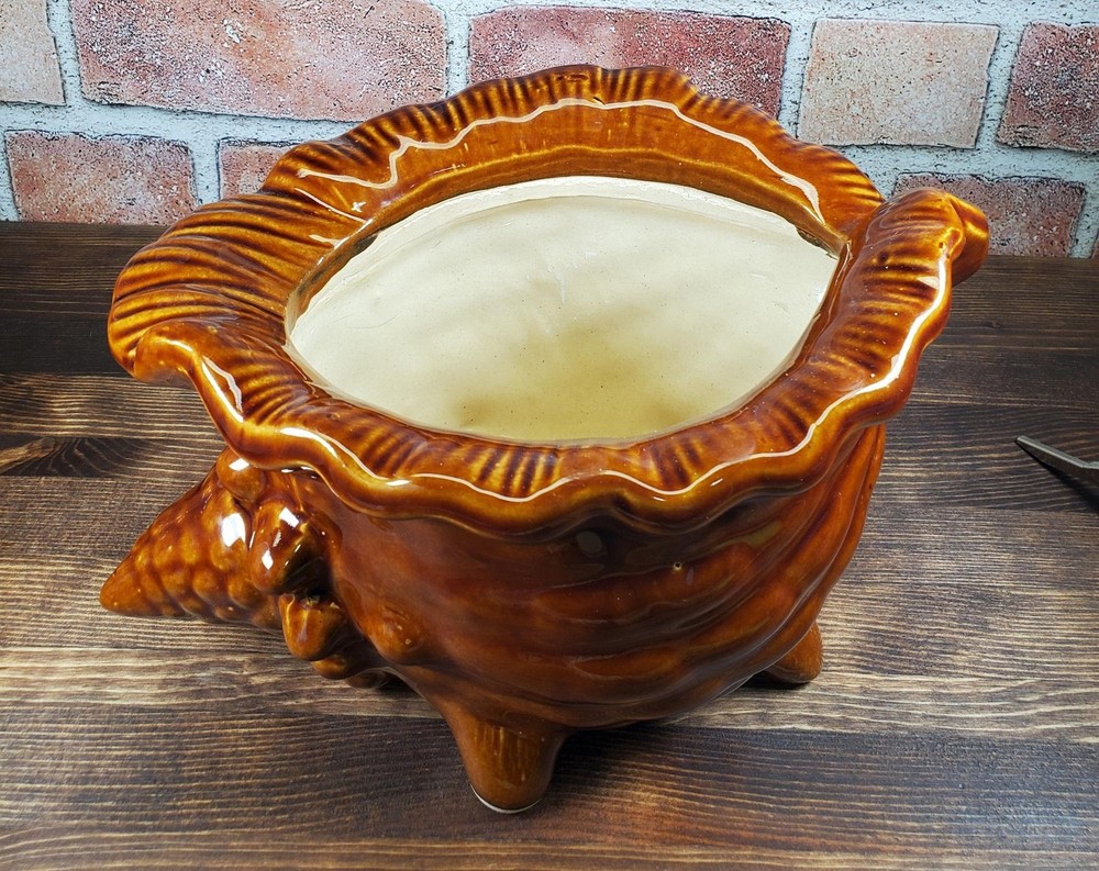 Vintage Brown Glazed Ceramic Conch Shell Planter, Seashell Nautical Decor