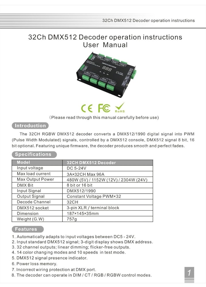 Compact 32 Channel RGBW DMX 512 Decoder with Power Memory & Voltage Protection
