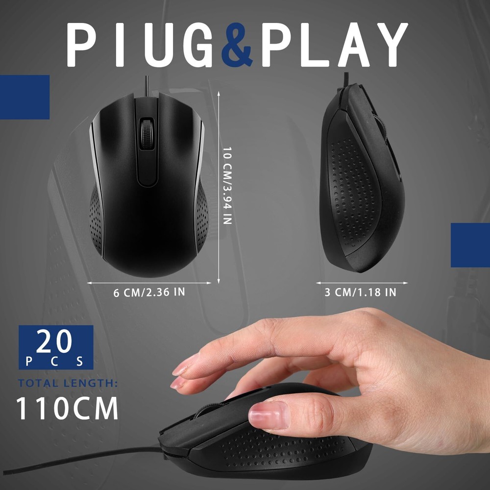 20 Pcs Wired USB Computer Mouse Bulk 3-Button Corded Mouse Wired Mouse for La...