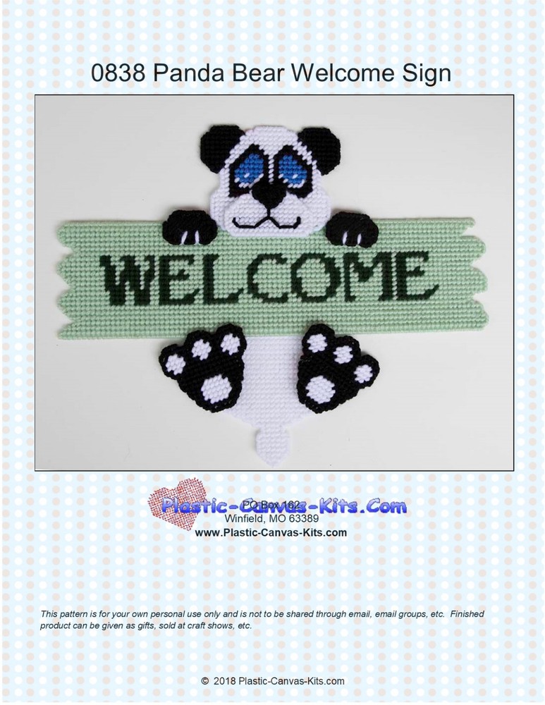 Panda Bear Welcome Sign- Plastic Canvas Pattern or Kit