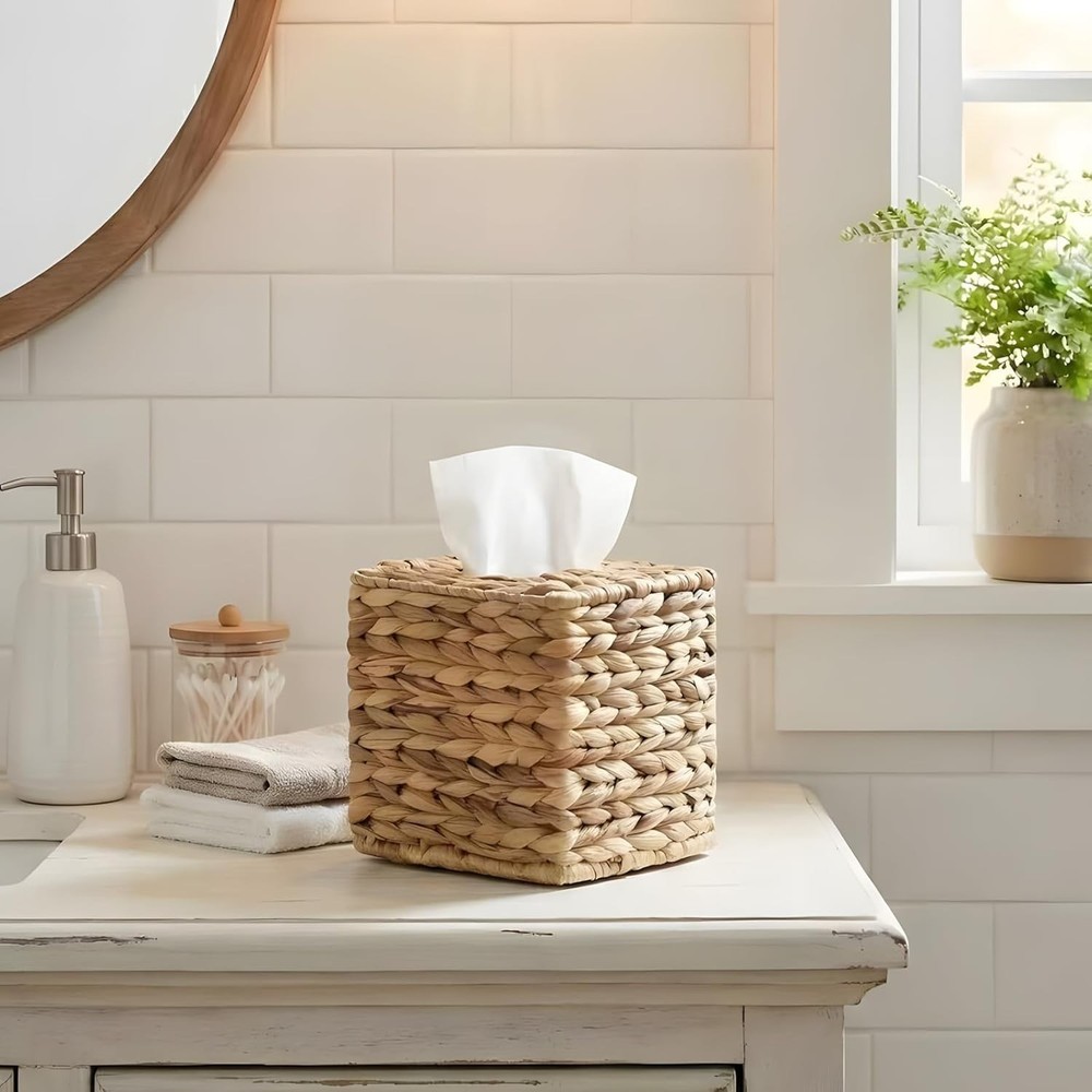 Square Wicker Tissue Box Cover Boho Decorative Holder Natural Rattan
