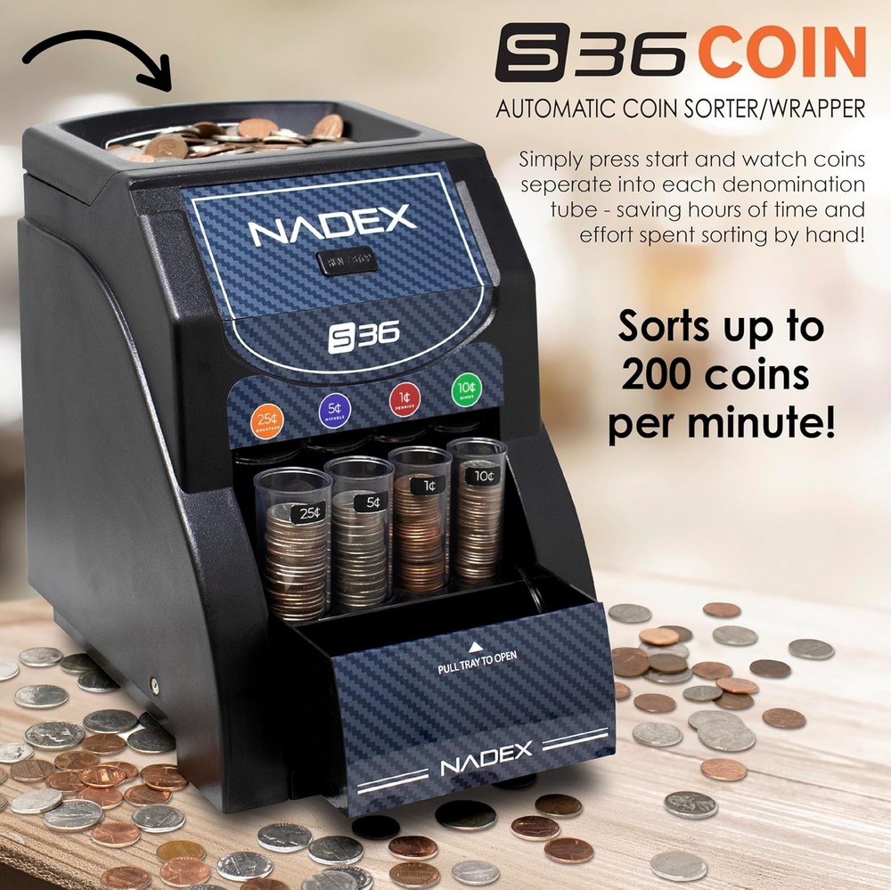 Compact 36S Automatic Coin Sorter - Fast Sorting with Overflow Tray Included