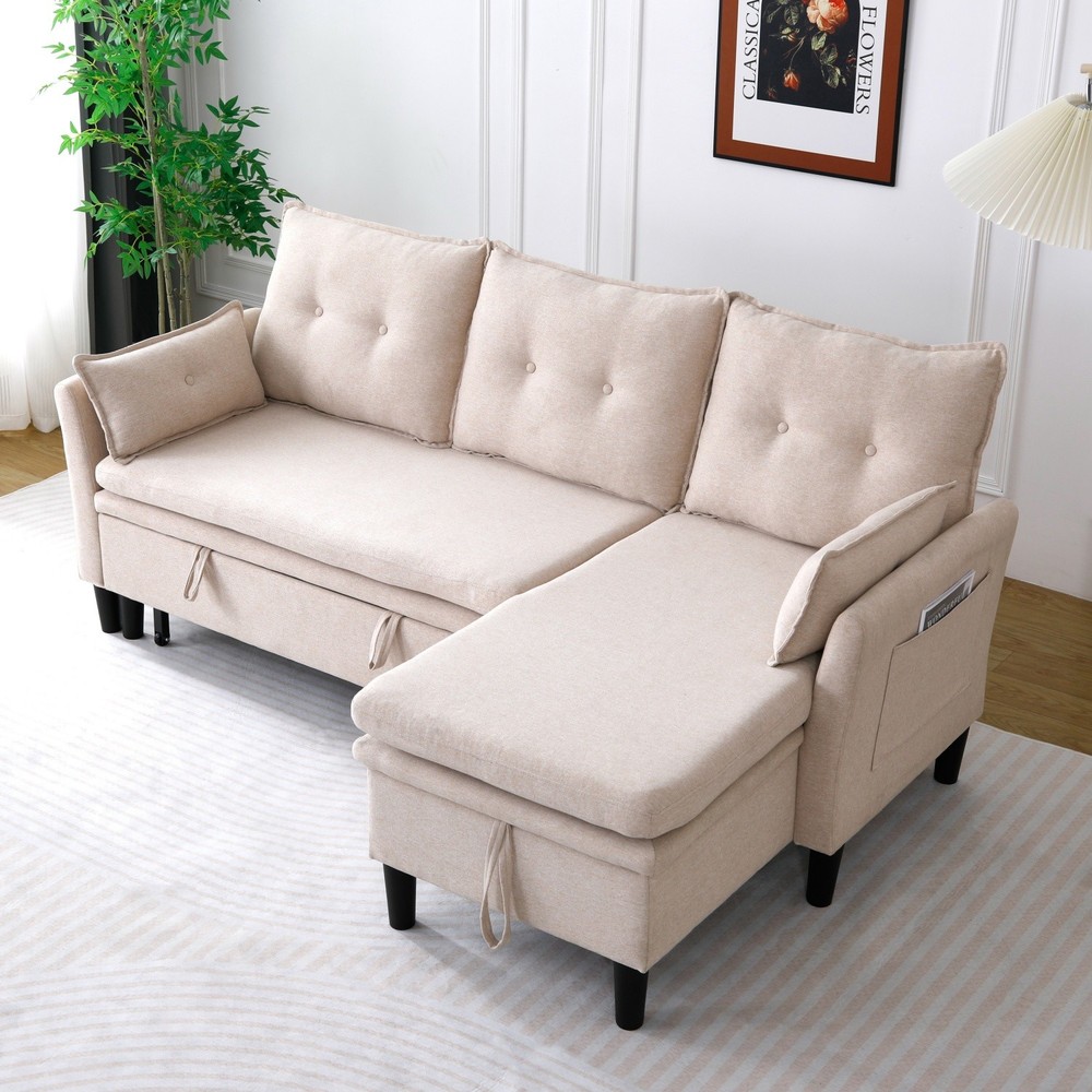 Modern L-Shaped Cotton-Linen Sectional Sleeper Sofa w/ Pull Out Bed & Storage