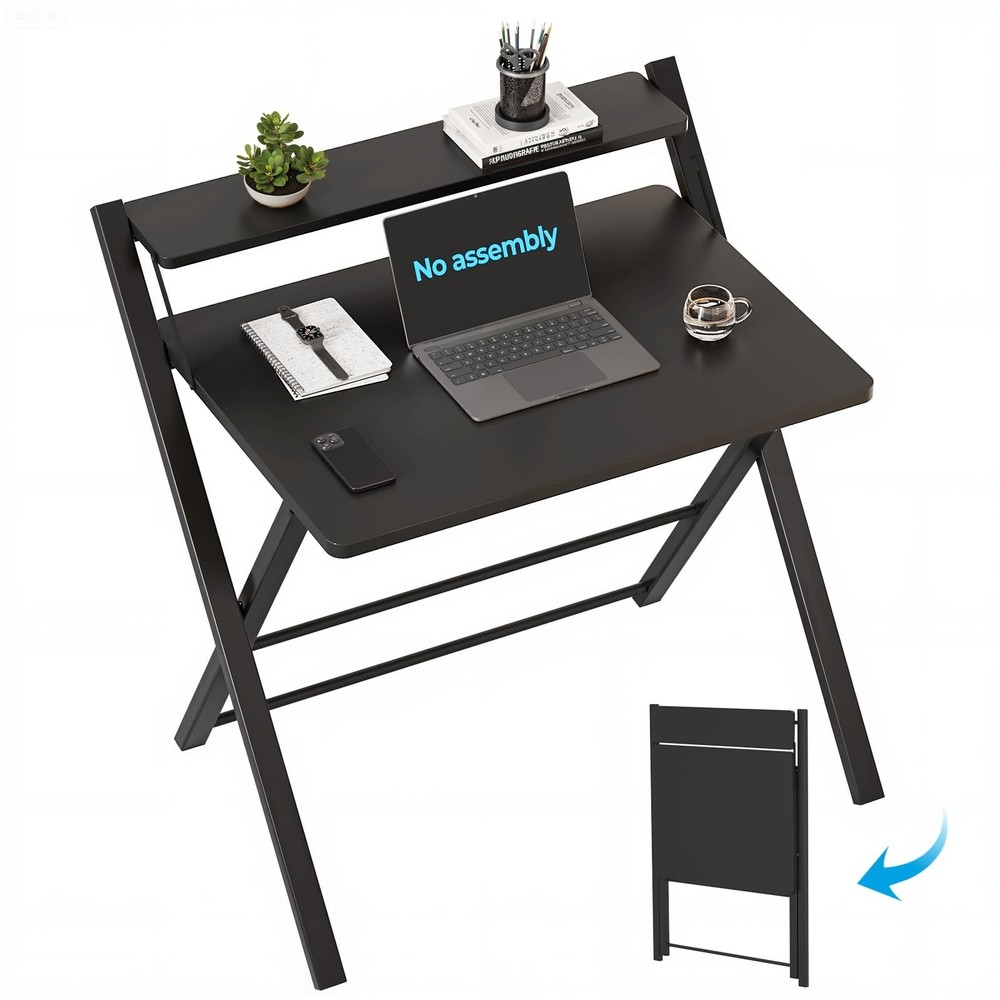 GreenForest No Assembly Folding Desk, 2-Tier Compact Computer Desk with Shelf...