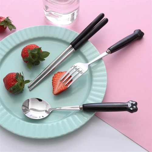 Cute Silverware Set, Cat Paw Ceramic Handle FORK SPOON WITH CASE Black