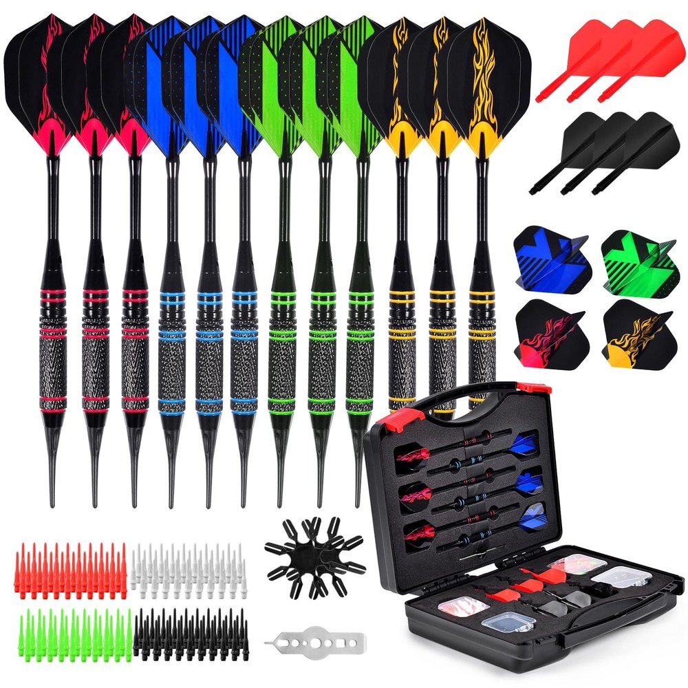 Professional 12-Pc Plastic Tip Dart Set, 18g, 120 Extra Tips, Flight Protector &