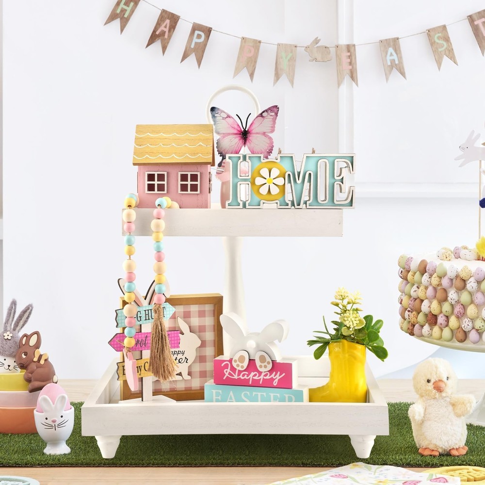 Spring Easter Decorations 8 Pieces Tiered Tray Decor Set, Cute Tabletop Easte...