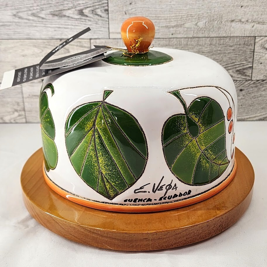 Napa Montecristi Ceramic Cheese Dish container with Wood Base Signed Leaf Design