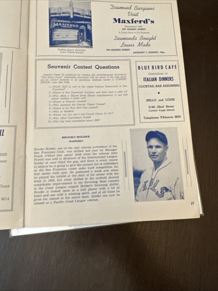 1942 Program Sam Francisco Seals vs Hollywood Stars Scored