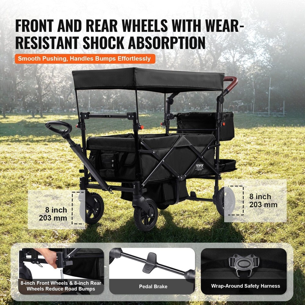 Wagon Stroller for 2 Kids, Push Pull Quad Collapsible Stroller with Adjustable