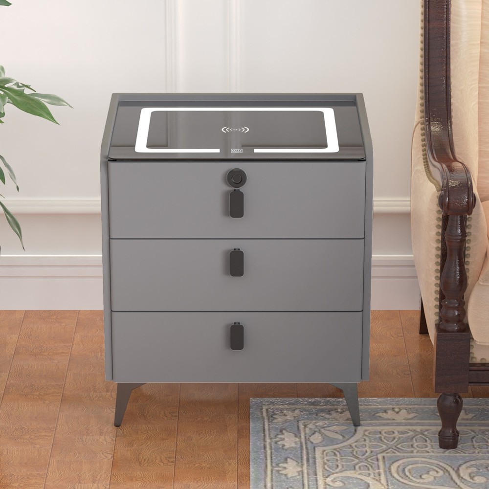 24" Modern Bedroom Smart Bedside Table Fingerprint Unlocking+Bluetooth+Led