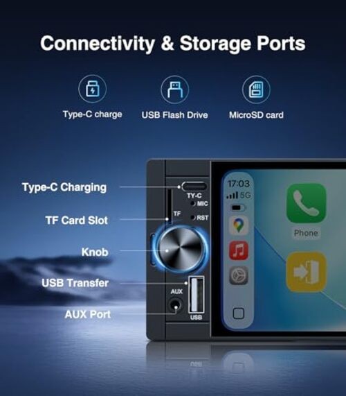 6.36 Inch Single Din Touchscreen Car Stereo Carplay Android Auto