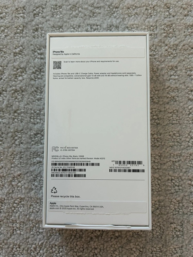 Apple iPhone 16e Black 128GB, EMPTY BOX ONLY