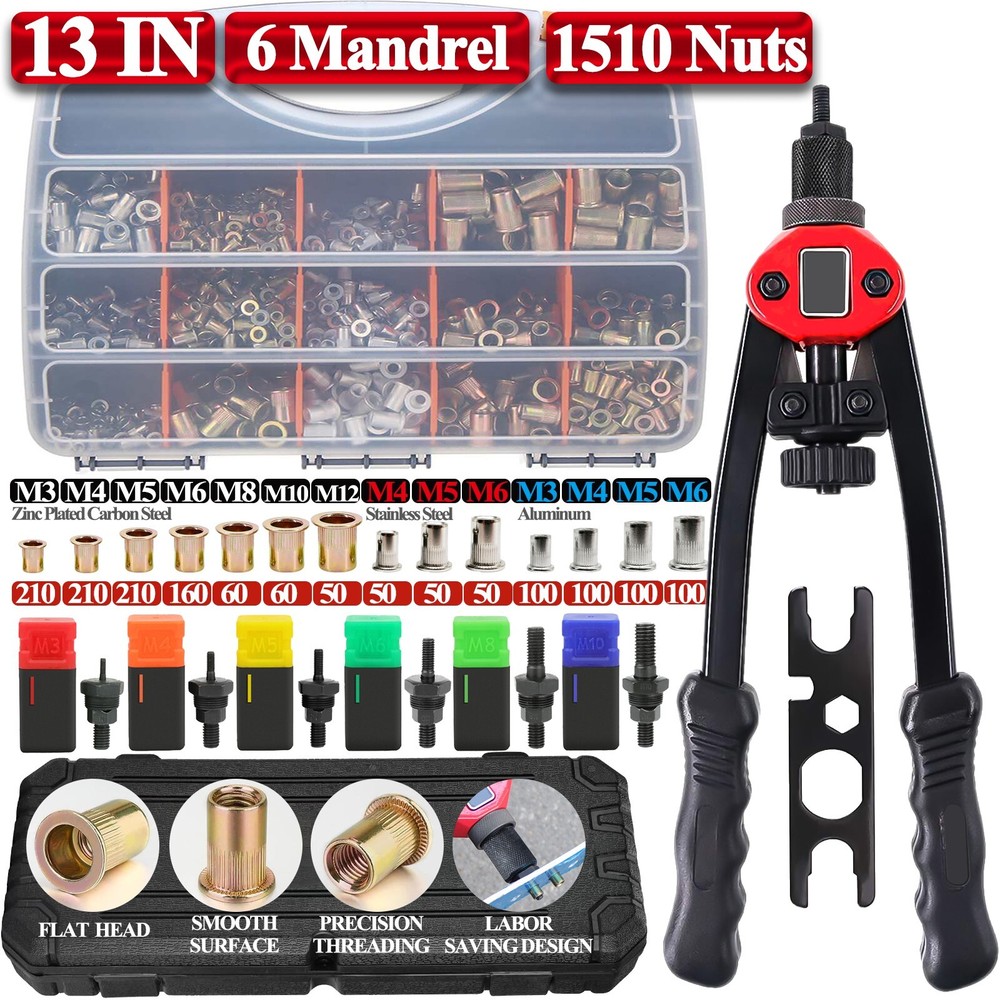 1510pc Riveter Gun Auto Rivet Tool Stainless Steel Nuts Insert Tools Mandrel Kit