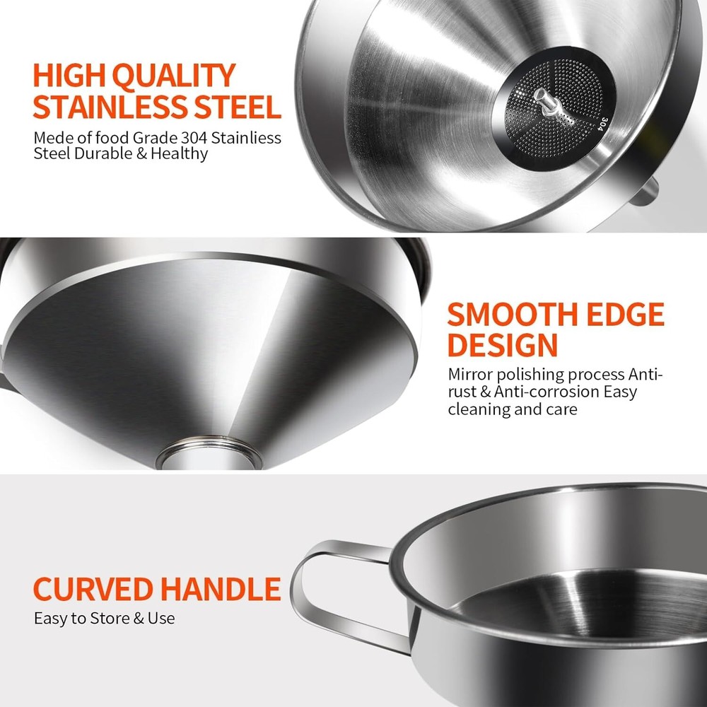 Stainless Steel Funnel Set 3PCS Large Kitchen Tool with Strainers & Brushes
