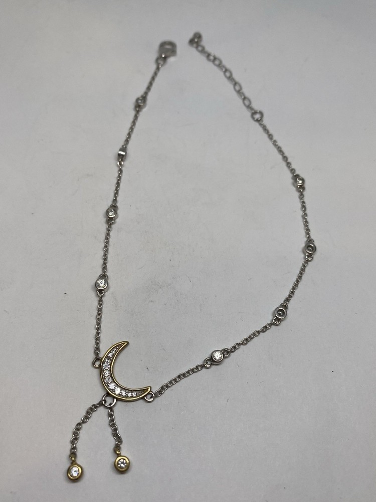 11” STERLING SILVER CRYSTAL LINK CRESCENT MOON DANGLE ADJUSTABLE STAMPED