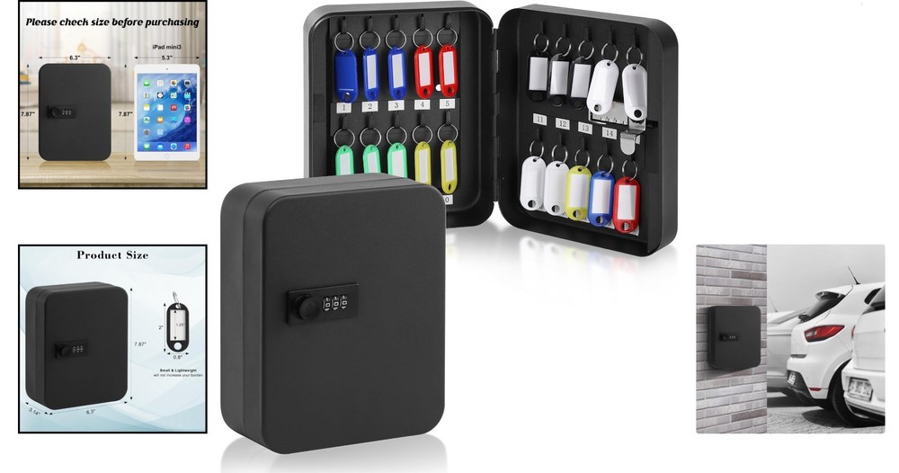 20-Key Storage Lock Box with Secure Combination Lock, Wall Mount Capability