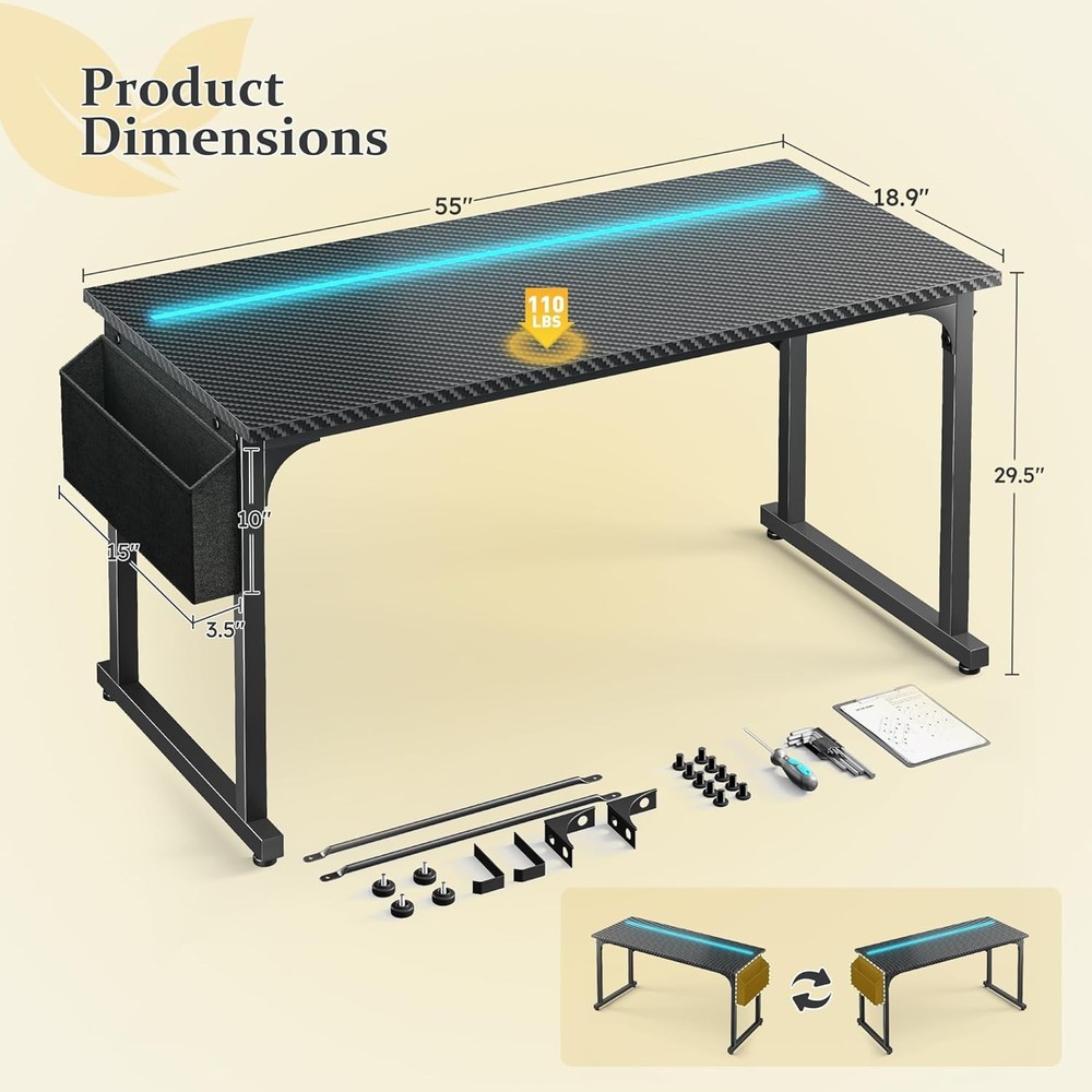 55 Inch Small Space Office Home Computer Desk LED Light Study Desk Writing Table