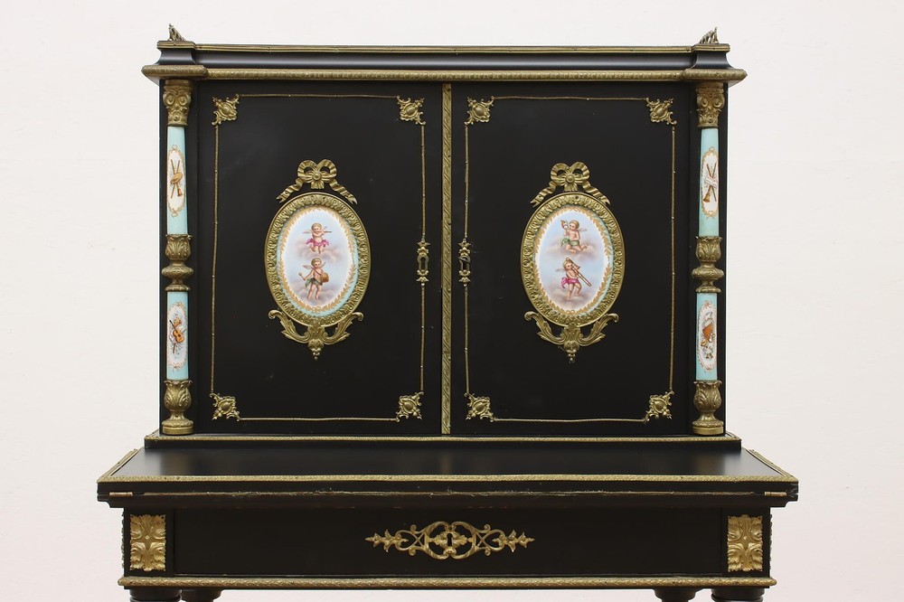 French Antique Ebonized & Porcelain Office or Library Desk #55596