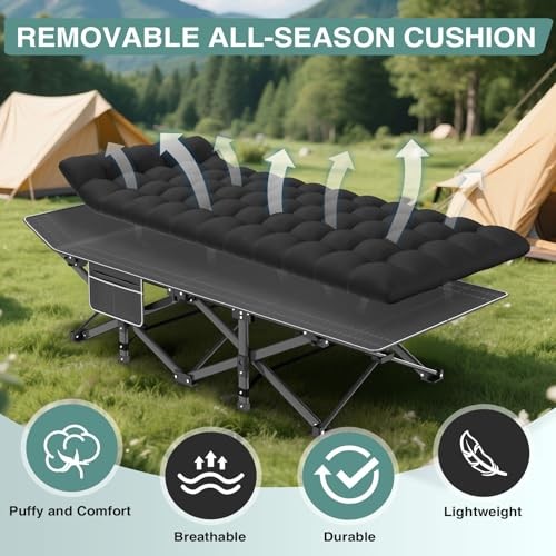 Camping Cot for Adults, Heavy Black Frame + Black Cushion Basic - 75x28x15"