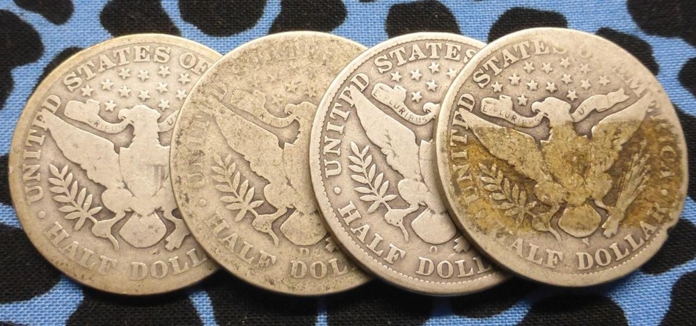 4 Barber Silver Half Dollars, 90% Silver Coins, 1908, 1908 D, 1908 O, 1908 S