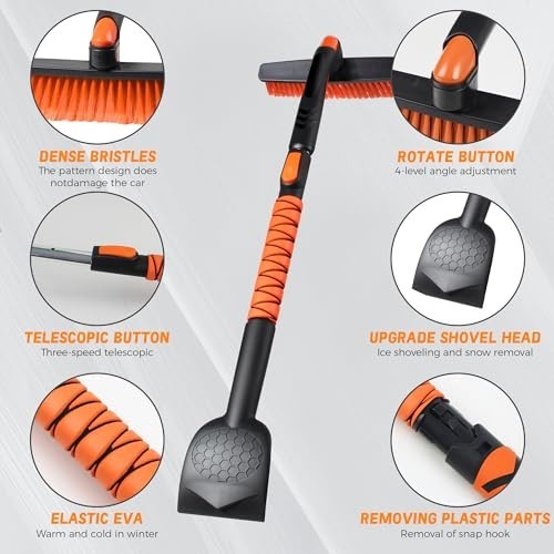 45" Extendable Snow Brush & Ice Scraper for Car Windshield, 360° Pivot Head, Sil