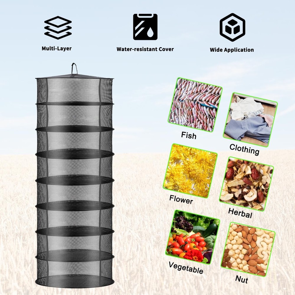 Layer 2ft Herb Drying Rack Net Mesh with Green Zippers Hydroponics Bonus Hook