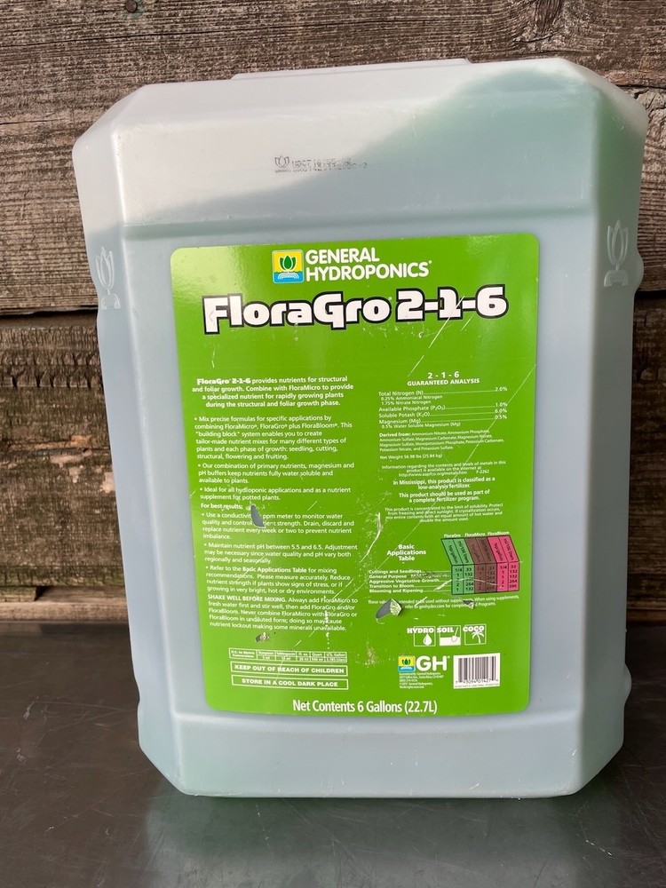 General Hydroponics FloraGro Liquid Fertilizer Nutrients Solution 6 Gallons