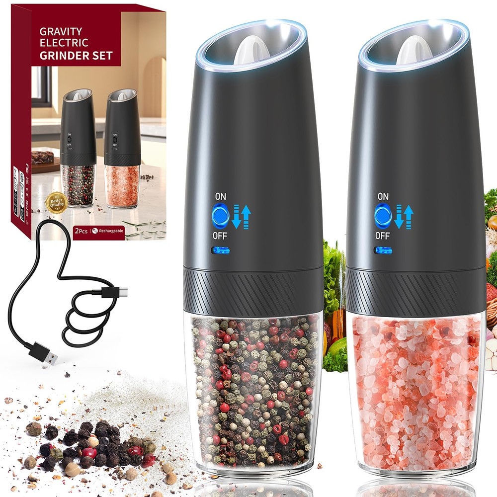 RECHARGEABLE - Pepper and Salt Grinder Set, Adjustable Coarseness, With Light...