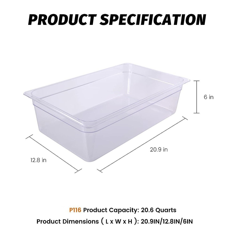 6 PACK Full Size Clear Plastic Steam Prep Table Food Pan Polycarbonate 6" Deep