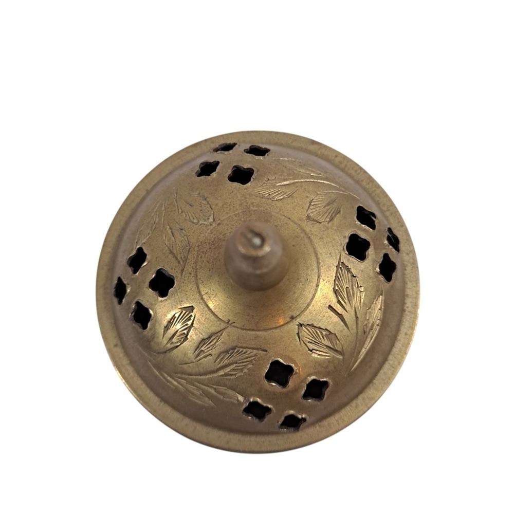 Vintage Indian Brass Incense Burner Etched Leaf Pattern with Pierced Lid 3.5"