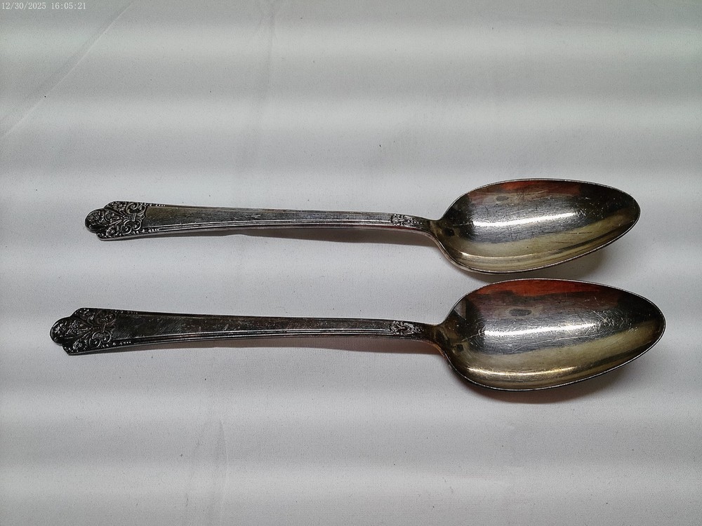 2 Rogers Deluxe Silverplate Precious Pattern Serving Spoons 8-1/2" Long