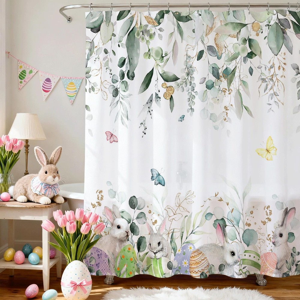 Spring Easter Shower Curtain for Bathroom Happy Easter Bunny Green Eucalyptus Sh