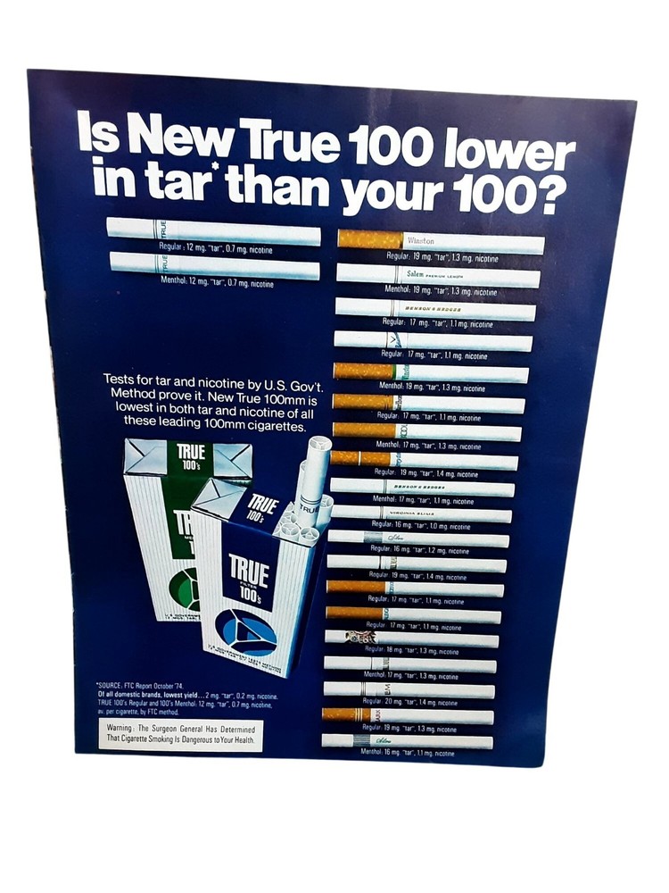 1975 True 100’s Cigarettes Low Tar Comparison Vintage Print Ad