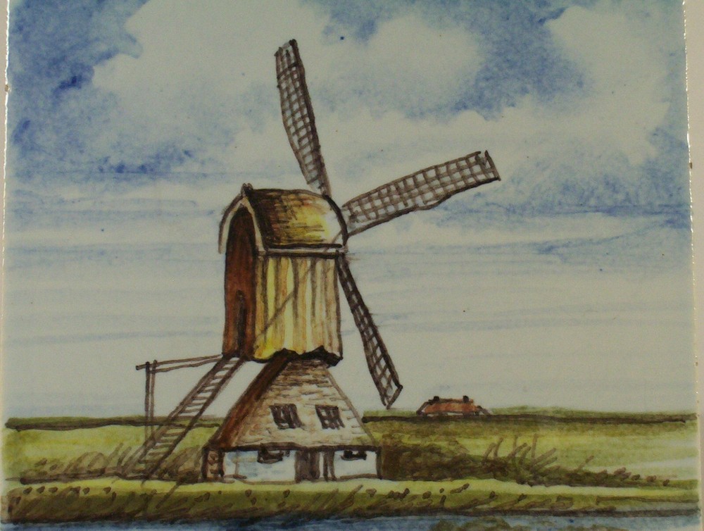 Oud Delft Pottery Tile Hand Painted Polychrome Windmill Scene